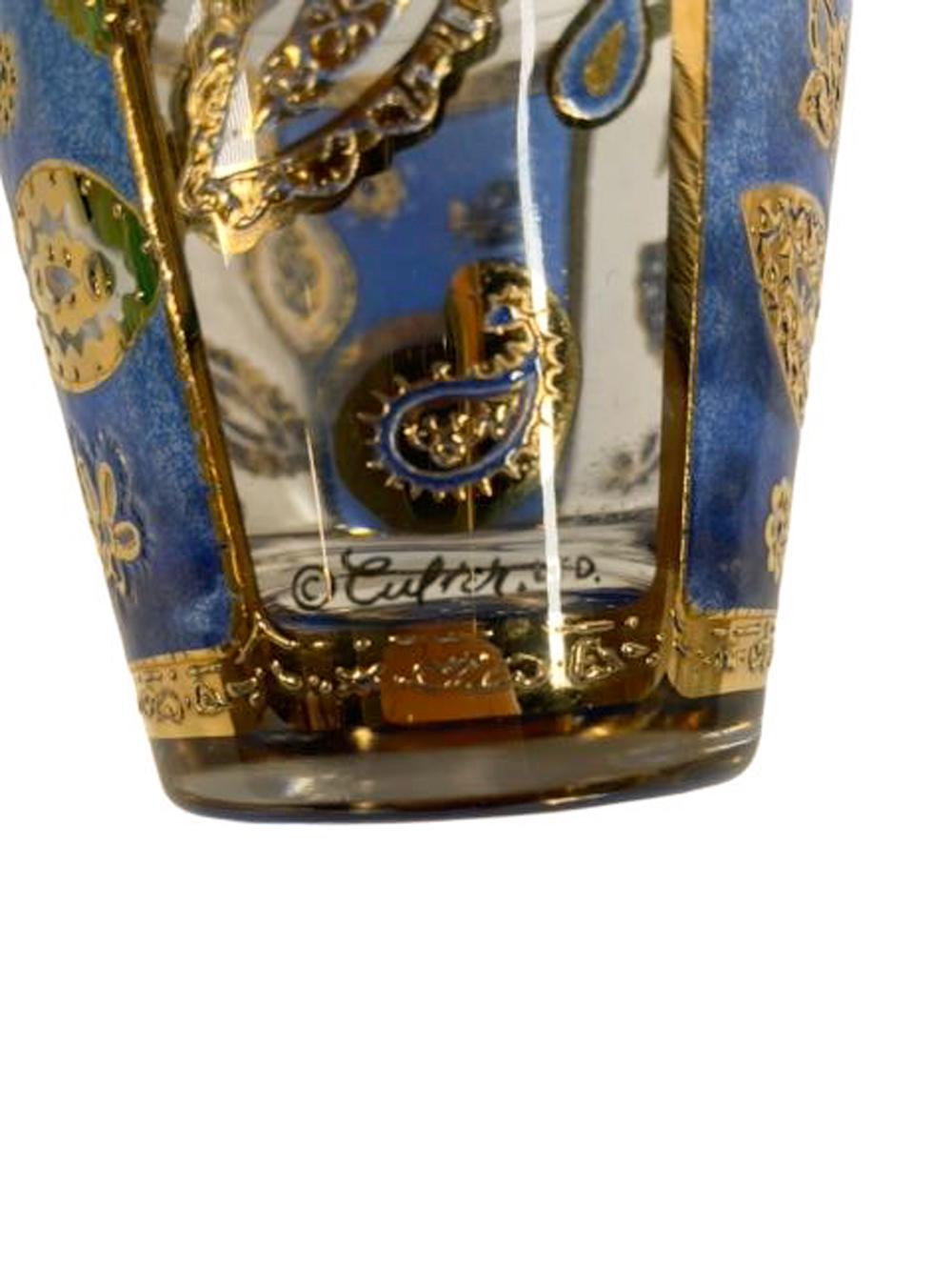American Four MCM Culver LTD Double Old Fashioned Glasses with Blue and Gold Flower Motif For Sale
