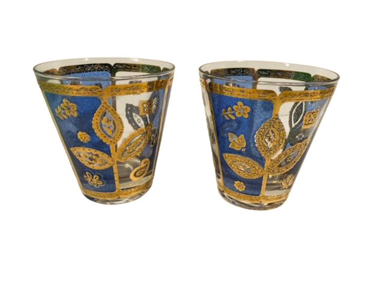 Four MCM Culver LTD Double Old Fashioned Glasses with Blue and Gold Flower Motif In Good Condition For Sale In Chapel Hill, NC
