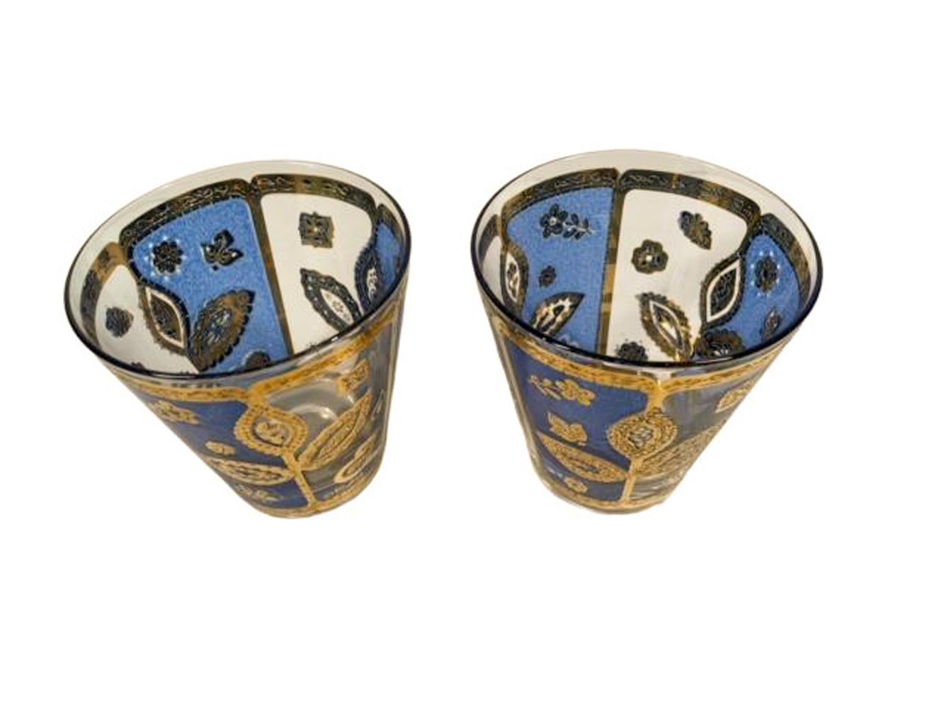 20th Century Four MCM Culver LTD Double Old Fashioned Glasses with Blue and Gold Flower Motif For Sale