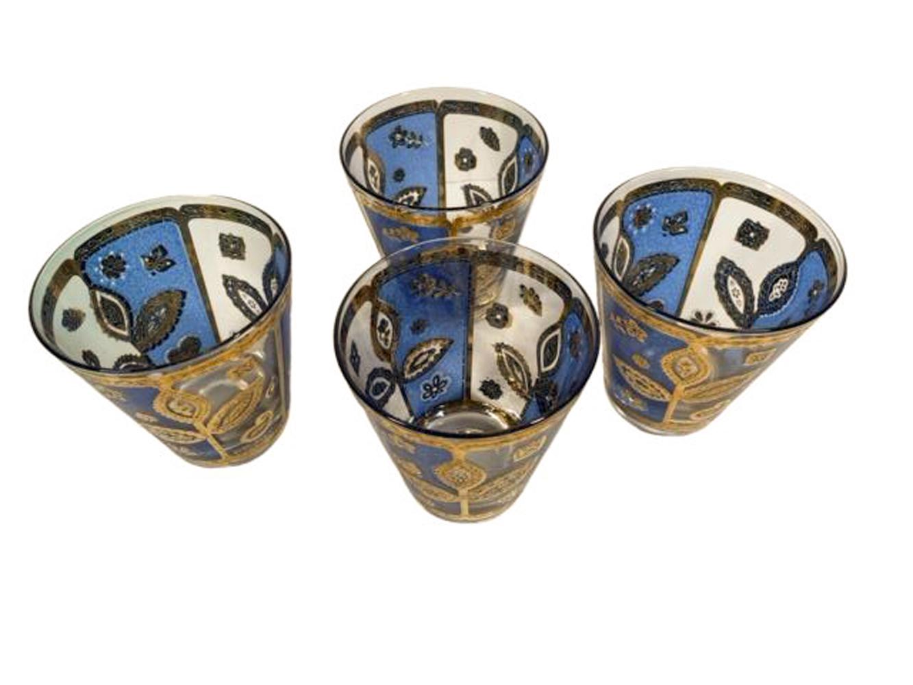 Four MCM Culver LTD Double Old Fashioned Glasses with Blue and Gold Flower Motif For Sale 3