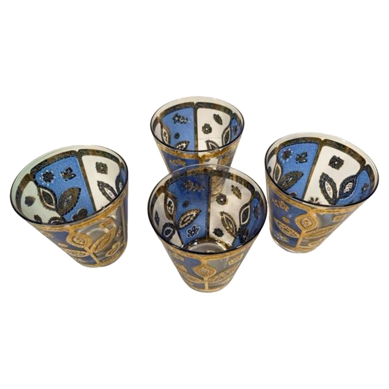 Four MCM Culver LTD Double Old Fashioned Glasses with Blue and Gold Flower Motif For Sale