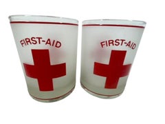 Four MCM Rocks Glasses by Culver Glassware "First Aid" with Red Cross