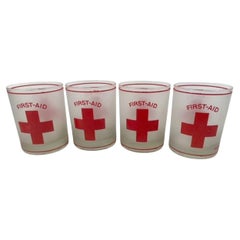 Vintage Four MCM Rocks Glasses by Culver Glassware "First Aid" with Red Cross