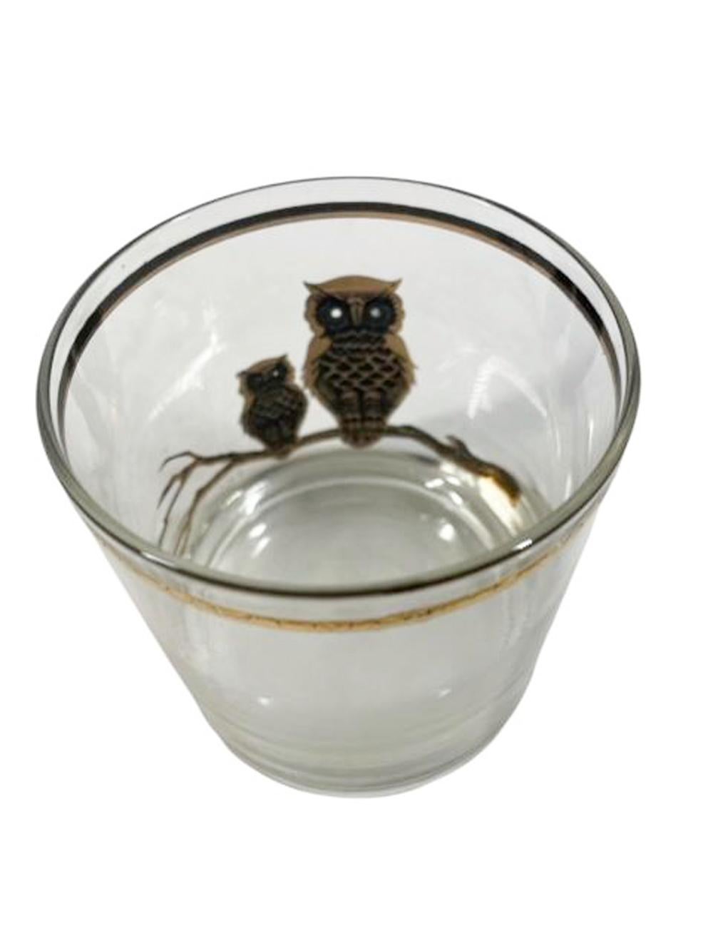 Mid-Century Modern Four MCM Rocks Glasses by Culver with Two Owls on a Branch in 22 Karat Gold