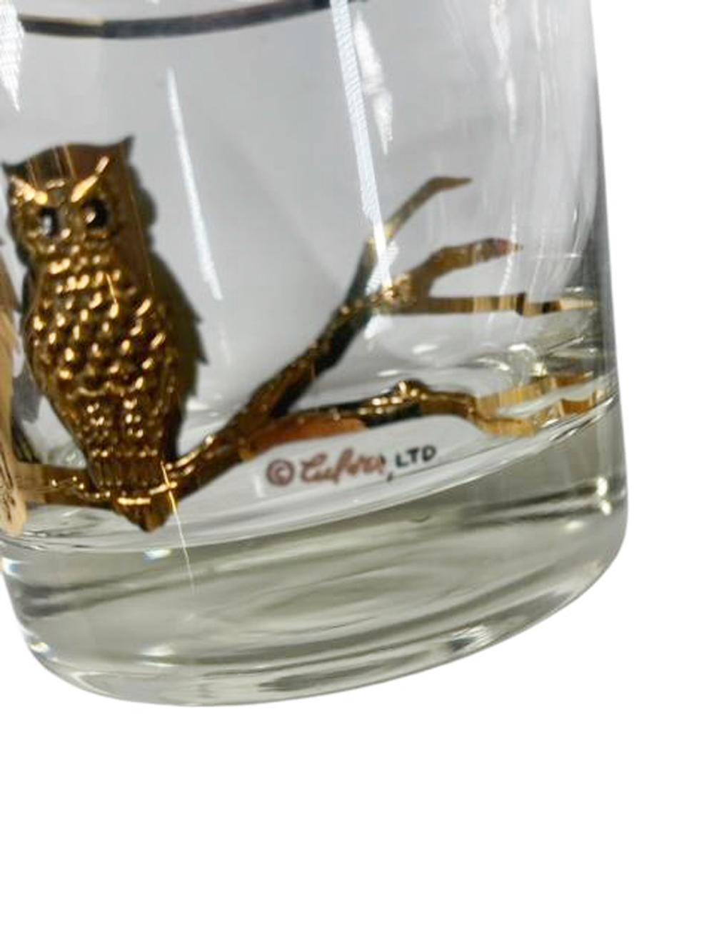 American Four MCM Rocks Glasses by Culver with Two Owls on a Branch in 22 Karat Gold