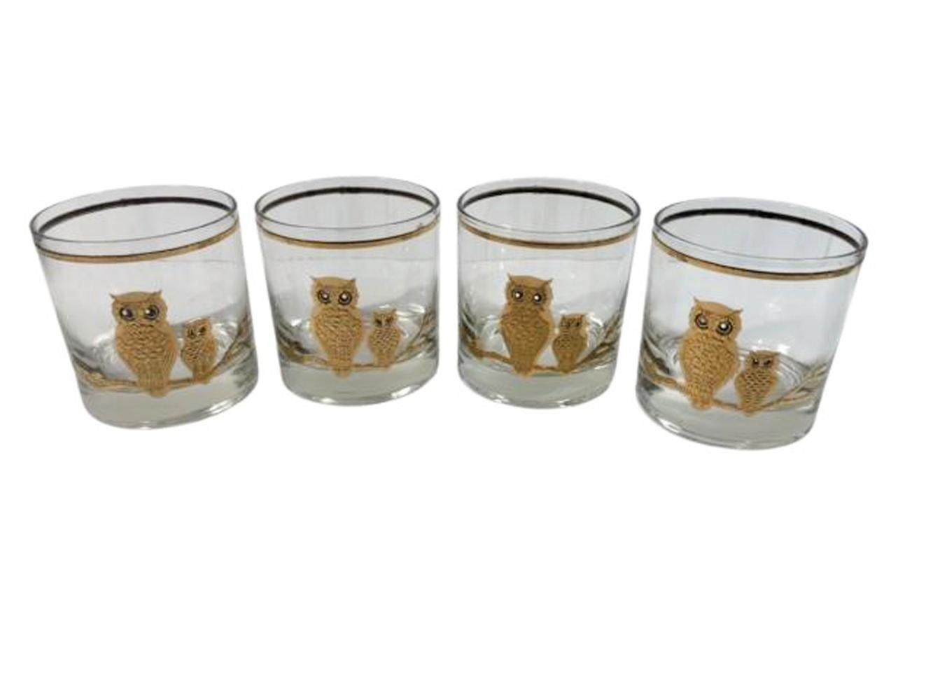 Four MCM Rocks Glasses by Culver with Two Owls on a Branch in 22 Karat Gold In Good Condition In Nantucket, MA