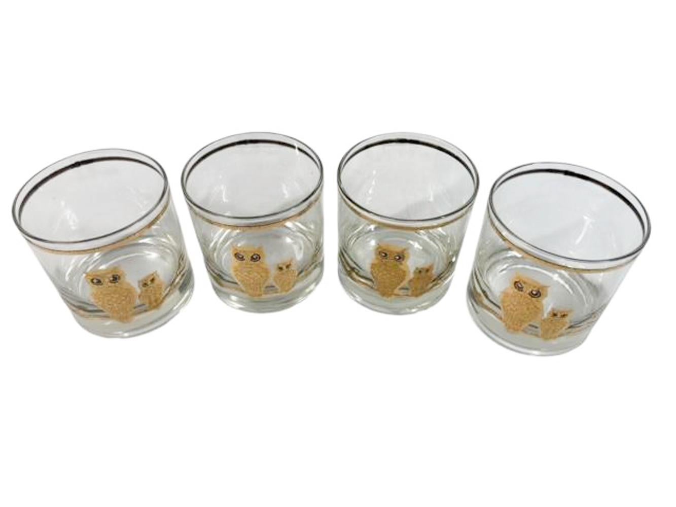 20th Century Four MCM Rocks Glasses by Culver with Two Owls on a Branch in 22 Karat Gold