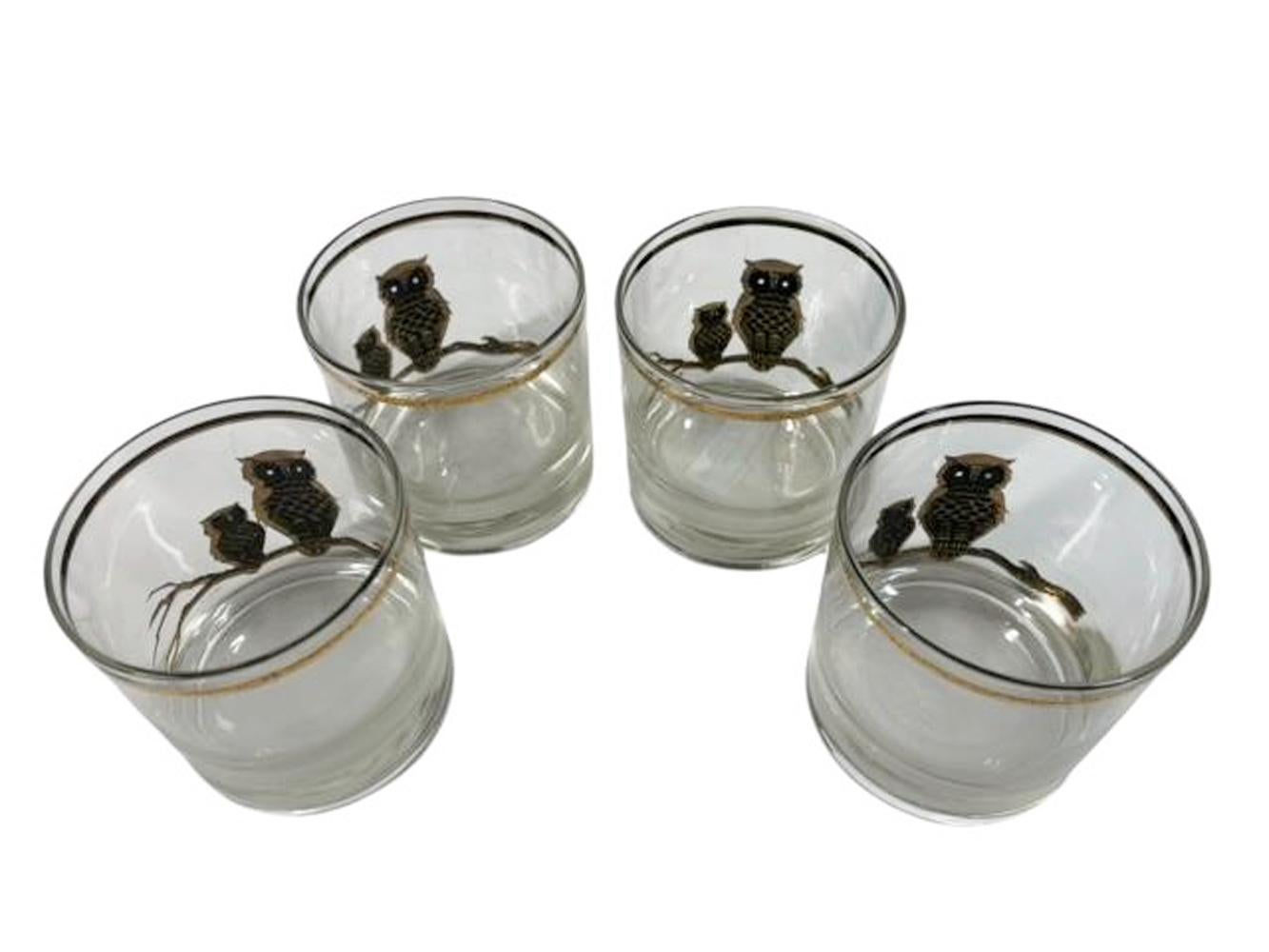 Four MCM Rocks Glasses by Culver with Two Owls on a Branch in 22 Karat Gold 1