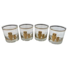 Four MCM Rocks Glasses by Culver with Two Owls on a Branch in 22 Karat Gold
