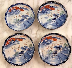 Four Meiji Period Scenic Imari Scalloped Plates, Fukagawa Attributed