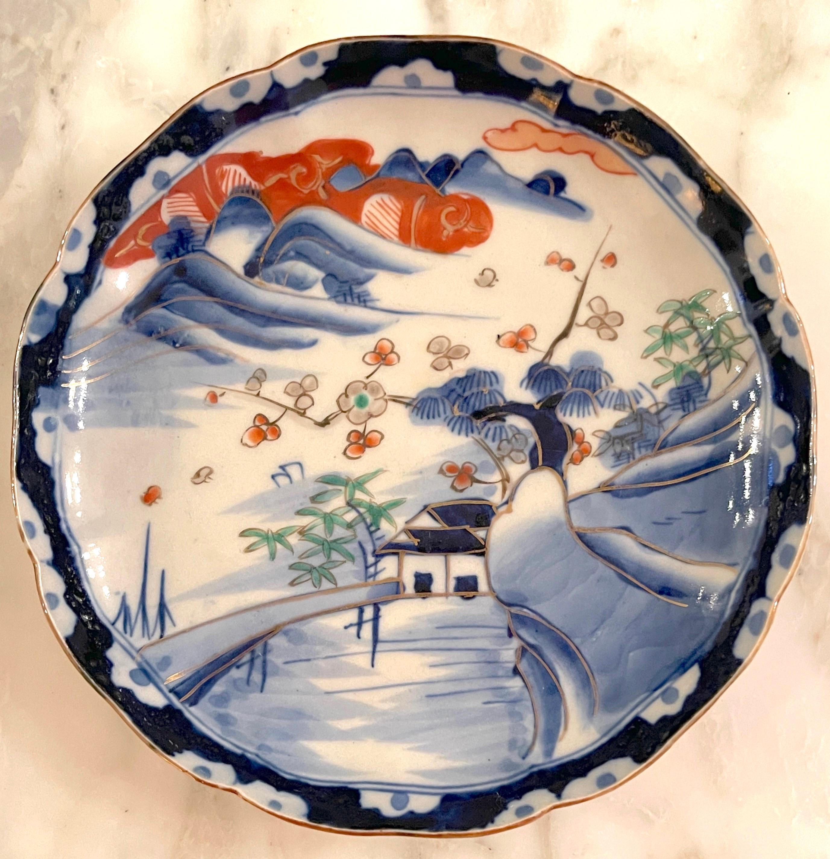 Japanese Four Meiji Period Scenic Imari Scalloped Plates, Fukagawa Attributed For Sale