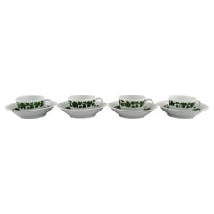 Four Meissen Green Ivy Vine Leaf Teacups with Saucers in Hand-Painted Porcelain