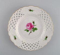 Four Meissen Pink Rose Plates in Openwork Porcelain with Hand-Painted Roses