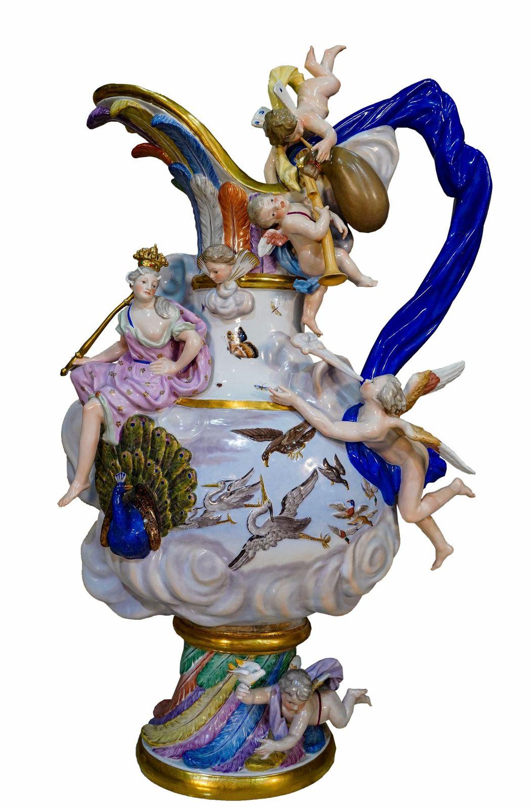 Hand-Painted Four Meissen Porcelain Ewers Emblematic of the Elements