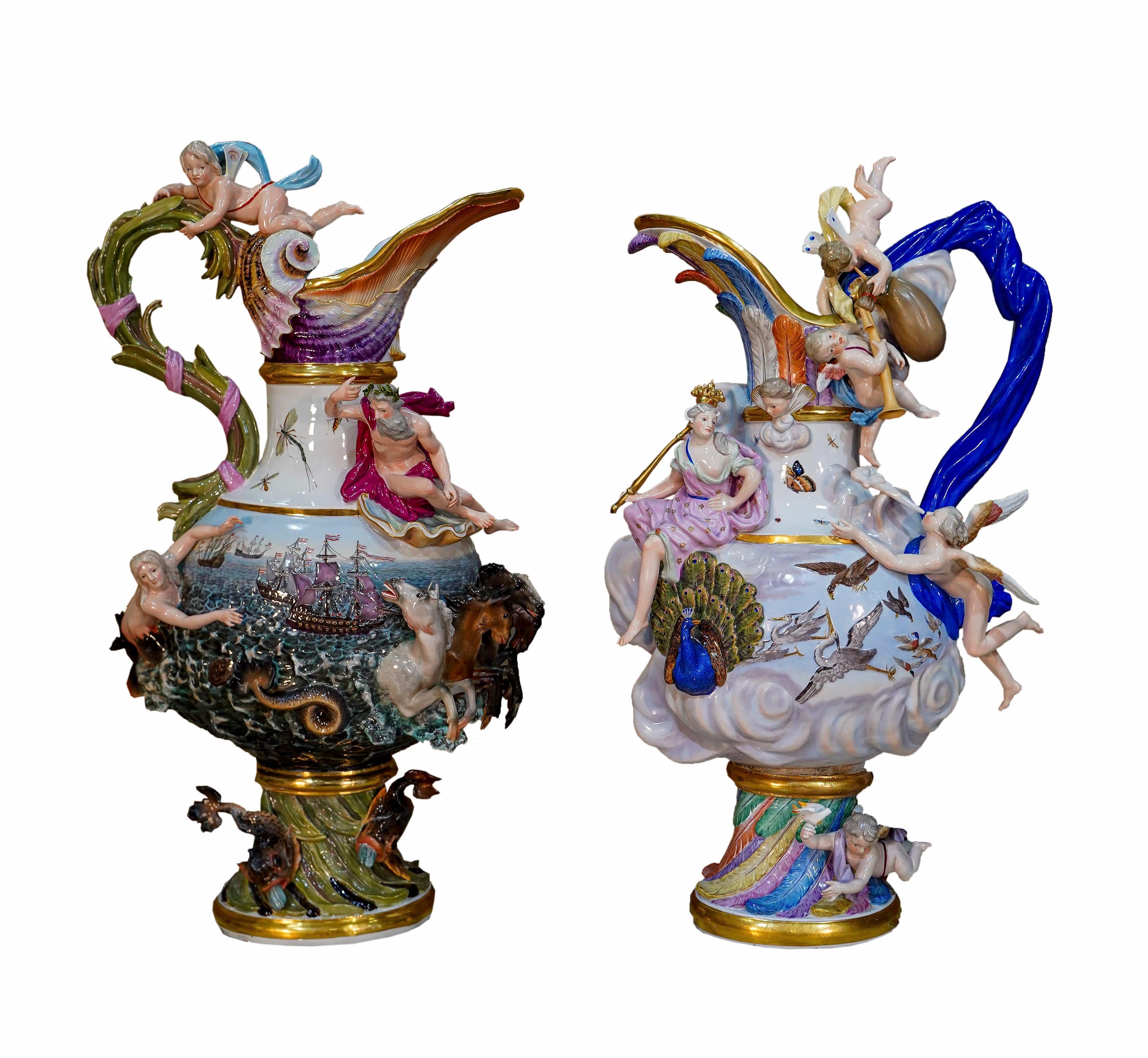 A rare 19th century complete set of four Meissen porcelain ewers represents the Elements: Water. Air, Earth and Fire (4). Each vase is an incredible piece of artwork, interpreting one of the four elements into a stunning vase form of unsurpassed
