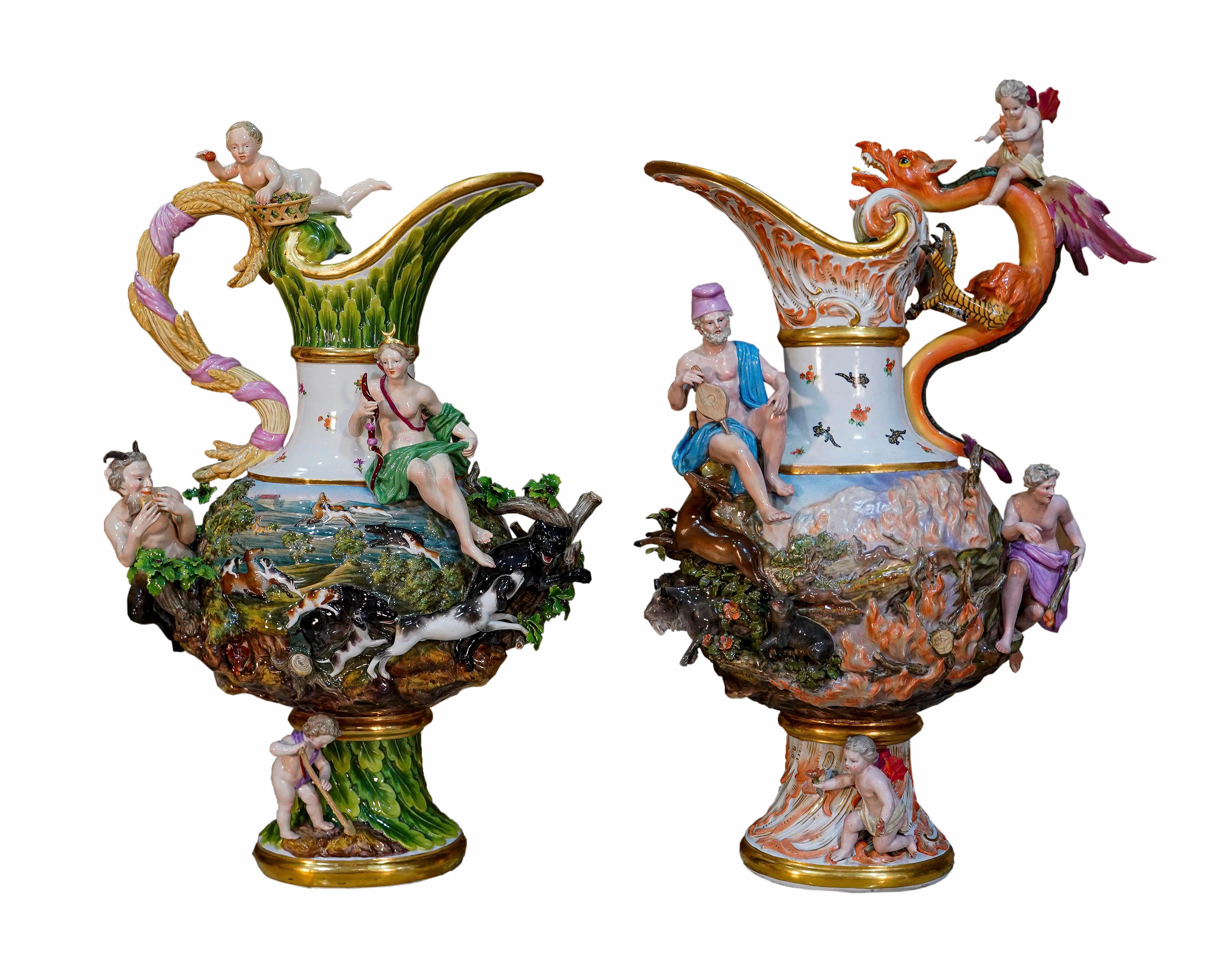 German Four Meissen Porcelain Ewers Emblematic of the Elements