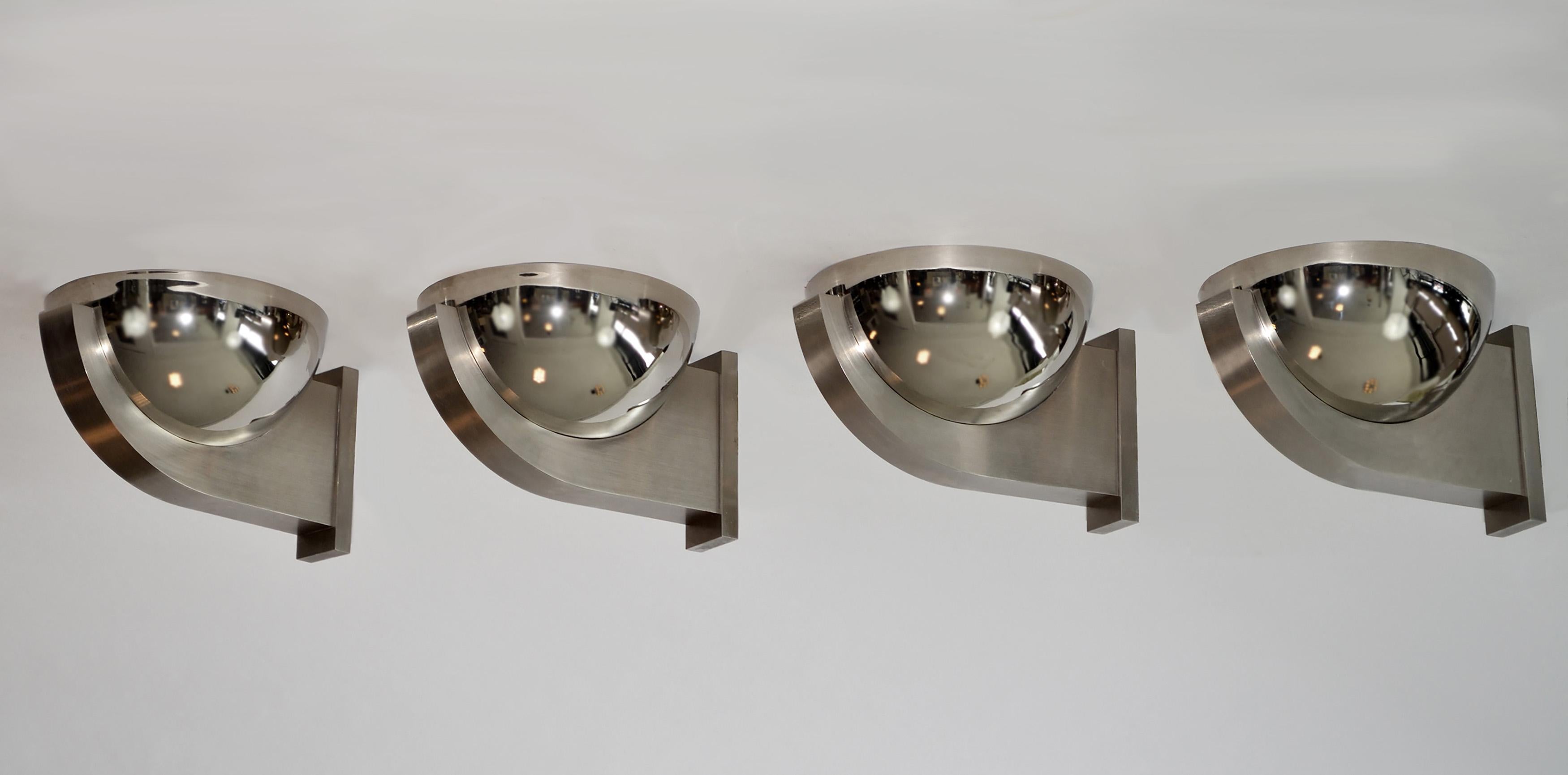 Four Wall Sconces Machine Age Deco Bauhaus Springer Sally Sirkin Lewis
Four Metal Sconces Machine Age Art Deco Bauhaus Springer Perzel Style 
Mirrored chrome over brass and brushed aluminum construction. In the manner of Jean Perzel or Karl