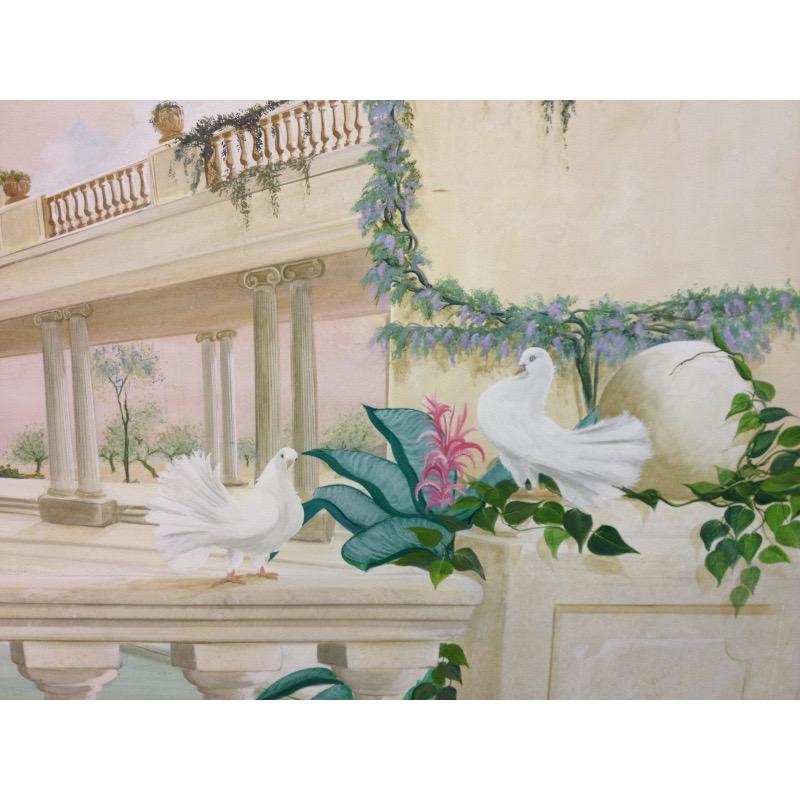 Mid-Century Modern Greek Garden Panoramic Oil Painting on Canvas Panel, Signed