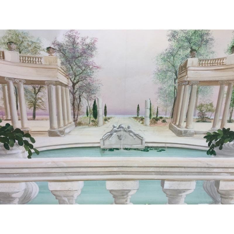 Swiss Greek Garden Panoramic Oil Painting on Canvas Panel, Signed