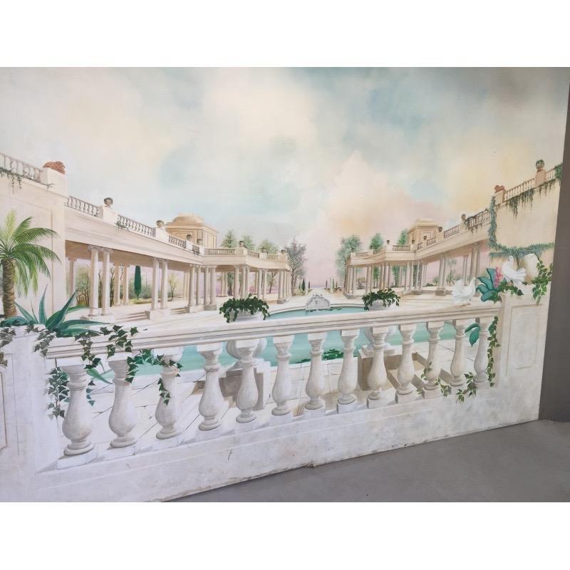 Large panoramic oil on canvas panel, theater decor, colonnade in the antique 