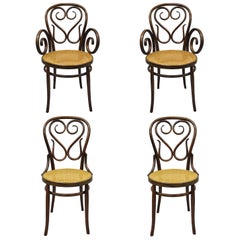 Four Michael Thonet Bentwood Round Cane Seat Cafe Bistro Dining Chairs Gebruder