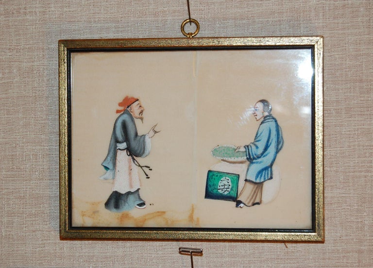 There are four early to mid-19th century hand painted watercolor scenes on rice paper depicting scenes of torture and Chinese figures. Overall very good condition, the smallest painting does have some foxing, this frame is also slightly different