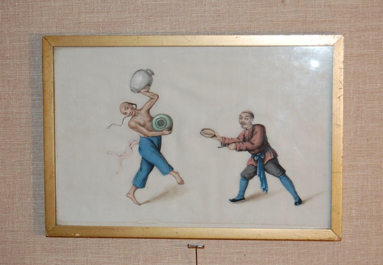 Hand-Painted Four Mid-19th Century Chinese Watercolors Depicting Scenes of Torture, Etc. For Sale