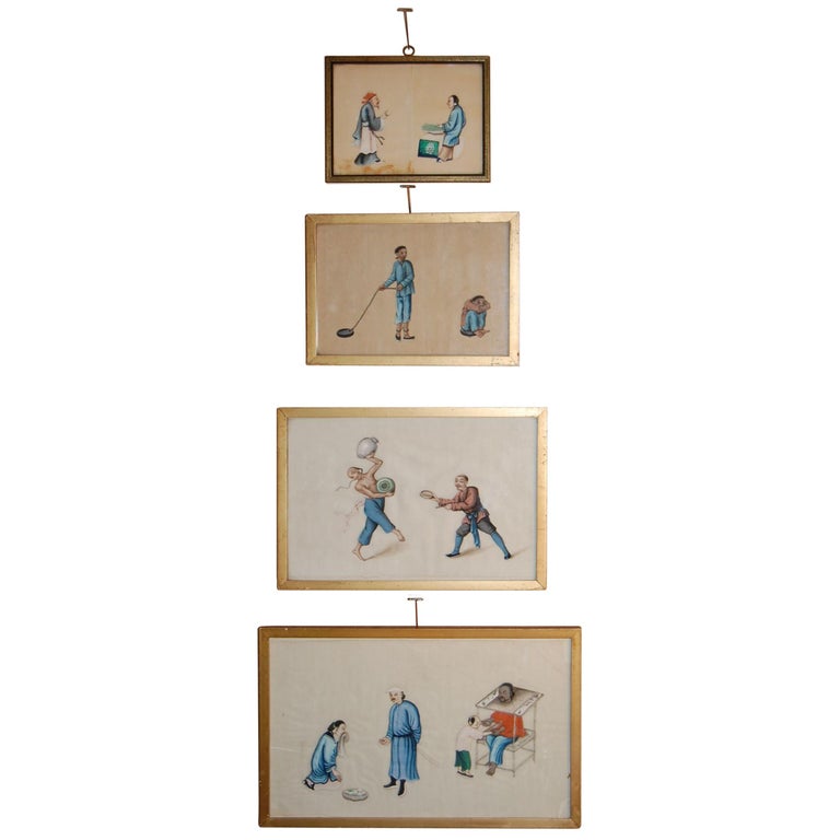 Four Mid-19th Century Chinese Watercolors Depicting Scenes of Torture, Etc. For Sale