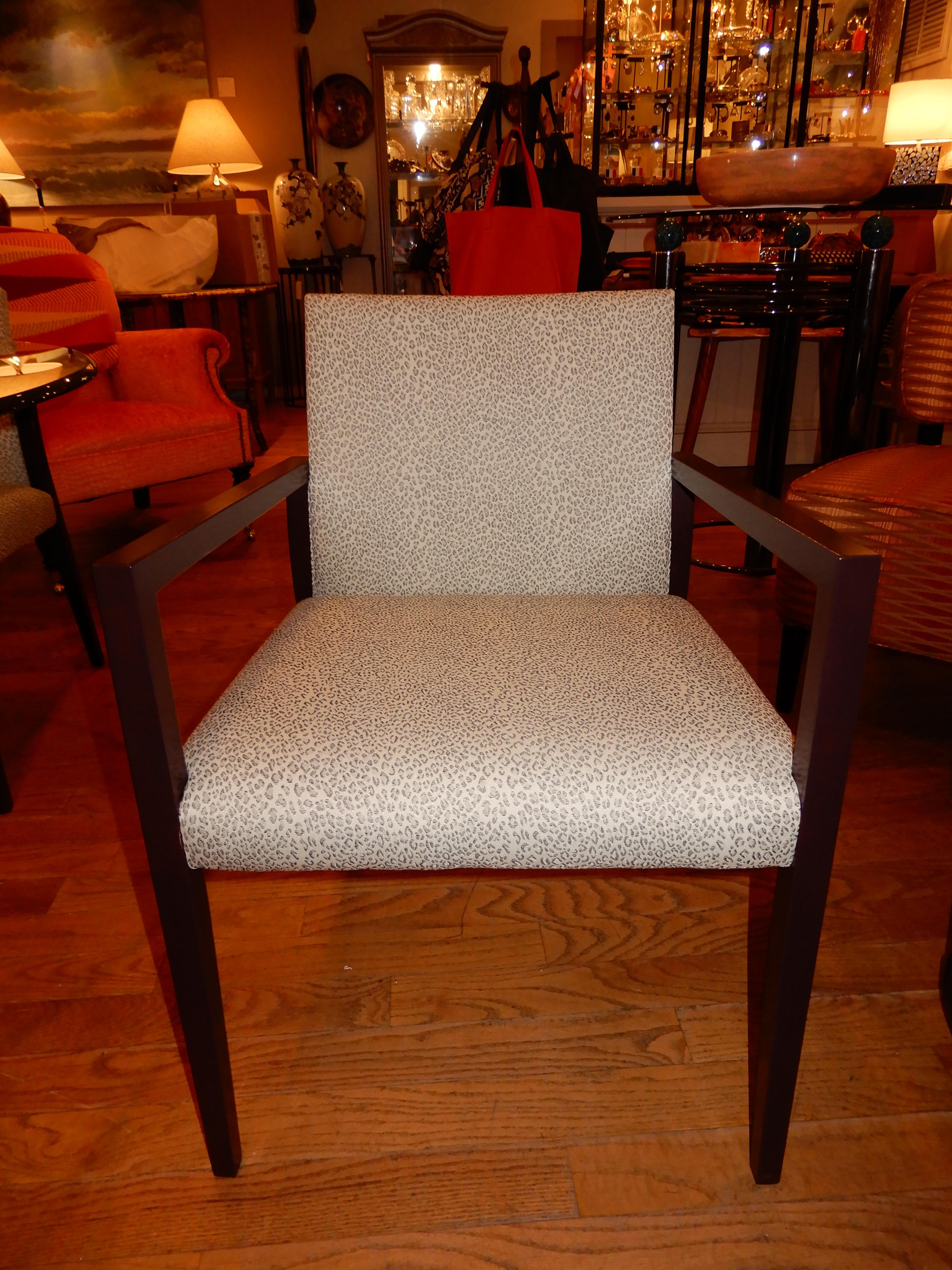 Two newly upholstered midcentury American made armchairs by Gunlocke in the school of Jems Risom and Finn Juhl.
Excellent condition, new upholstery in a grey leopard Clarence House fabric. Solid chestnut wood frames, handcrafted.
