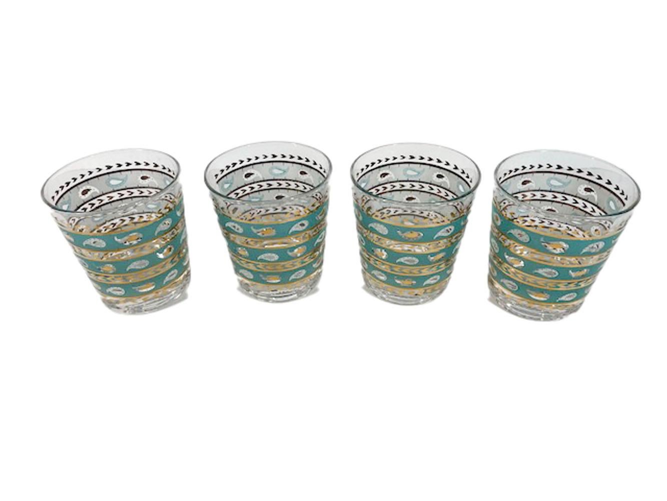 Vier Mid-Century-Gläser in Aqua und Weiß mit weißen Bändern, Gay Fad Old Fashioned, mit 22 Karat Gold (Moderne der Mitte des Jahrhunderts) im Angebot