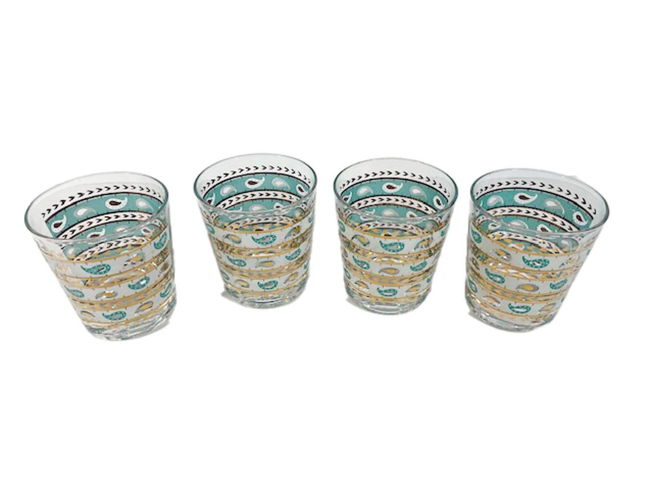 Vier Mid-Century-Gläser in Aqua und Weiß mit weißen Bändern, Gay Fad Old Fashioned, mit 22 Karat Gold (amerikanisch) im Angebot