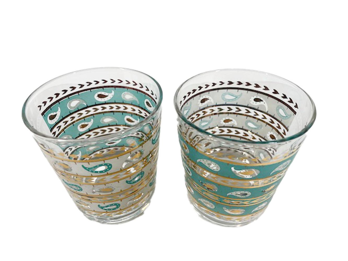 American Four Mid-Century Aqua and White Banded Gay Fad Old Fashioned Glasses w/ 22k Gold For Sale