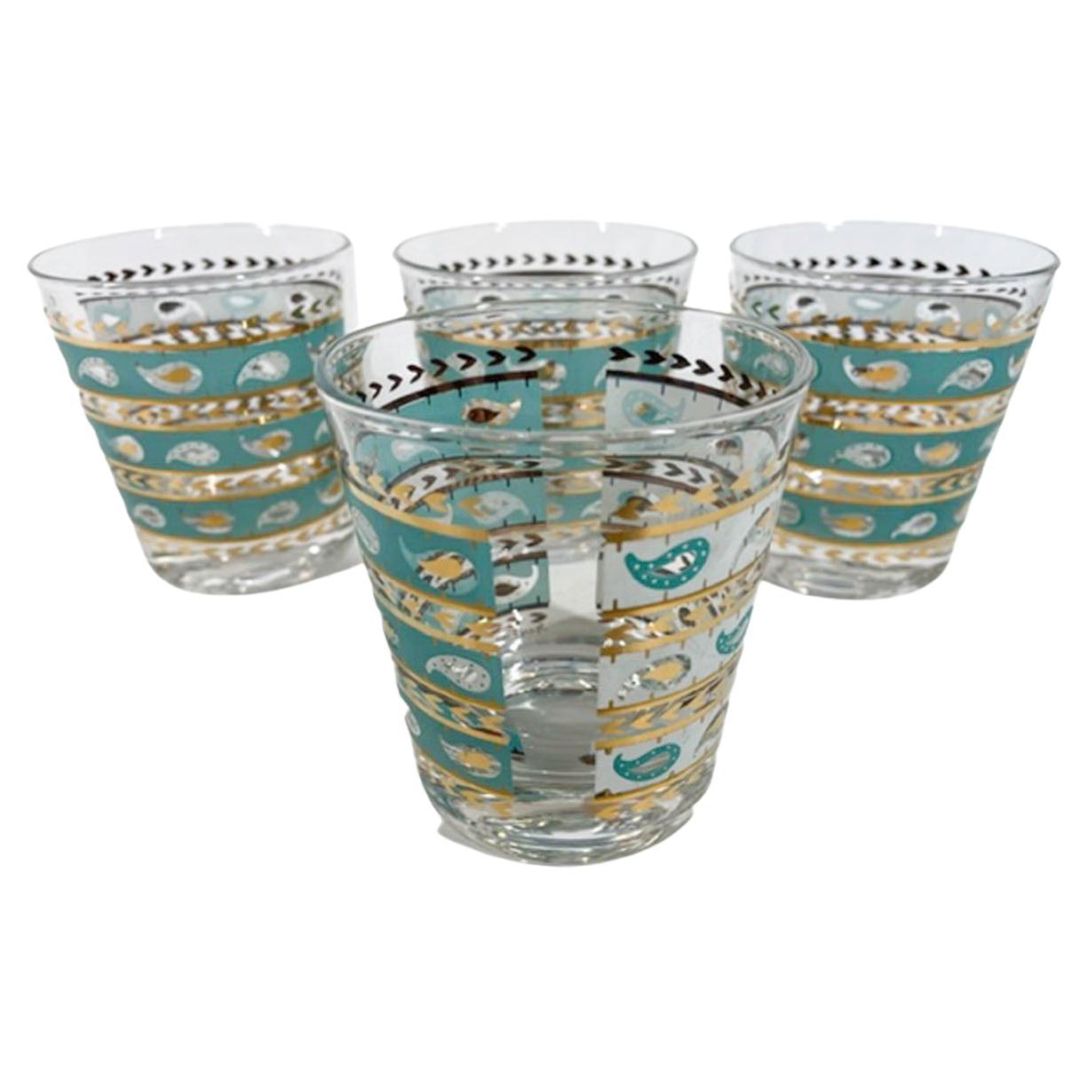 Four Mid-Century Aqua and White Banded Gay Fad Old Fashioned Glasses w/ 22k Gold