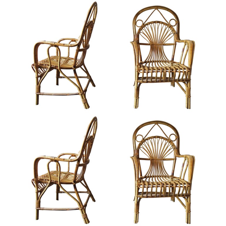Four Mid Century Bamboo Lounge or Patio Armchairs For Sale at 1stDibs