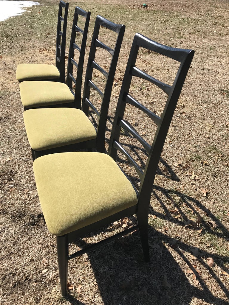 Set of Four Mid Century Black Dining Chairs Ladder Back and Upholstered