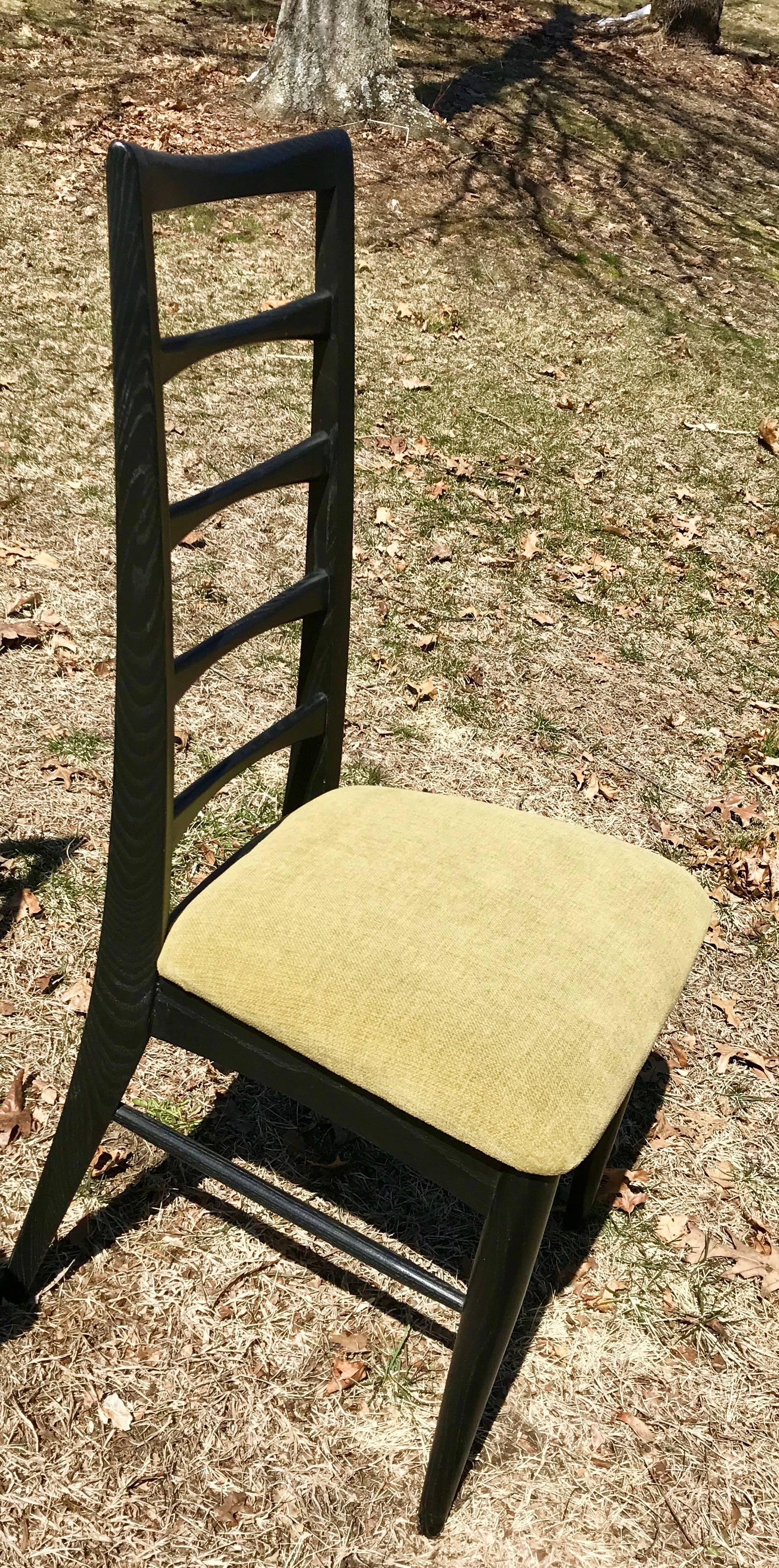 Mid-Century Modern Set of Four Mid Century Black Dining Chairs Ladder Back and Upholstered, 1960's