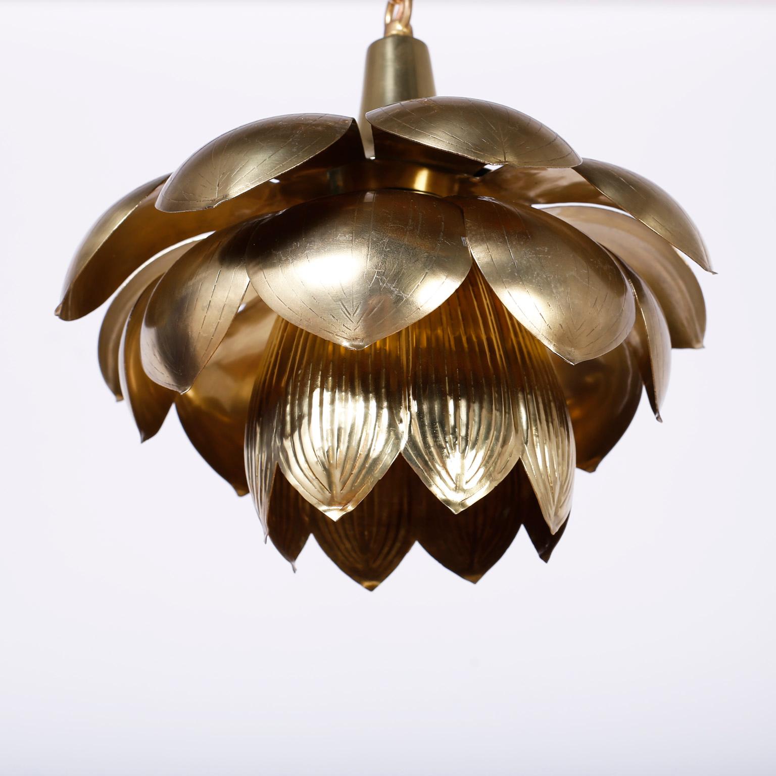 Hong Kong Three Mid Century Brass Lotus Light Fixtures, Priced Individually