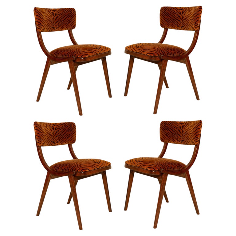 Four Mid Century Bumerang Chairs, Tiger Speaking Velvet - Dedar, Poland, 1960s