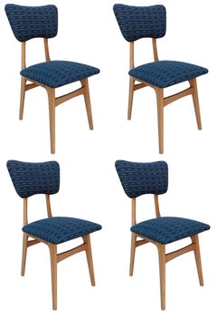 Four Mid Century Butterflies Chairs, Blue Jacquard, Light Wood Europe, 1960s