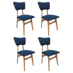 Quattro sedie Farfalle di metà secolo, Jacquard blu, Wood Wood Europa, anni '60