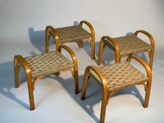 Four Mid-Century Italian Stools Braided Rope Seat Inverted U-Shaped Side Leggs