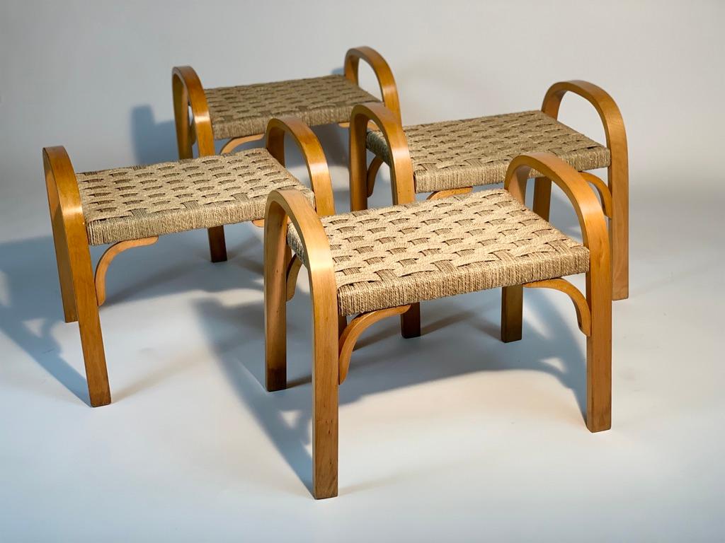 Mid-Century Modern Four Mid-Century Italian Stools Braided Rope Seat Inverted U-Shaped Side Leggs For Sale