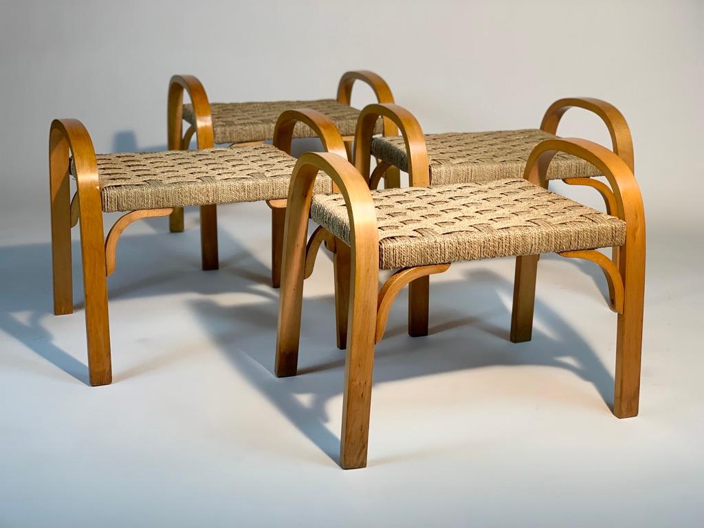 Four Mid-Century Italian Stools Braided Rope Seat Inverted U-Shaped Side Leggs In Good Condition For Sale In Firenze, Toscana