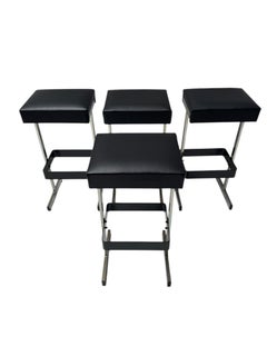 Four Mid-Century Modern Bar Stools with Black Leather Seats, 1970s