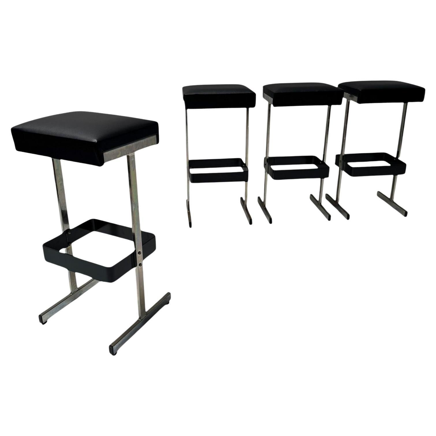 Four Mid-Century Modern Bar Stools with Black Leather Seats, 1970s