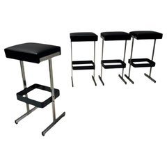 Four Mid-Century Modern Bar Stools with Black Leather Seats, 1970s