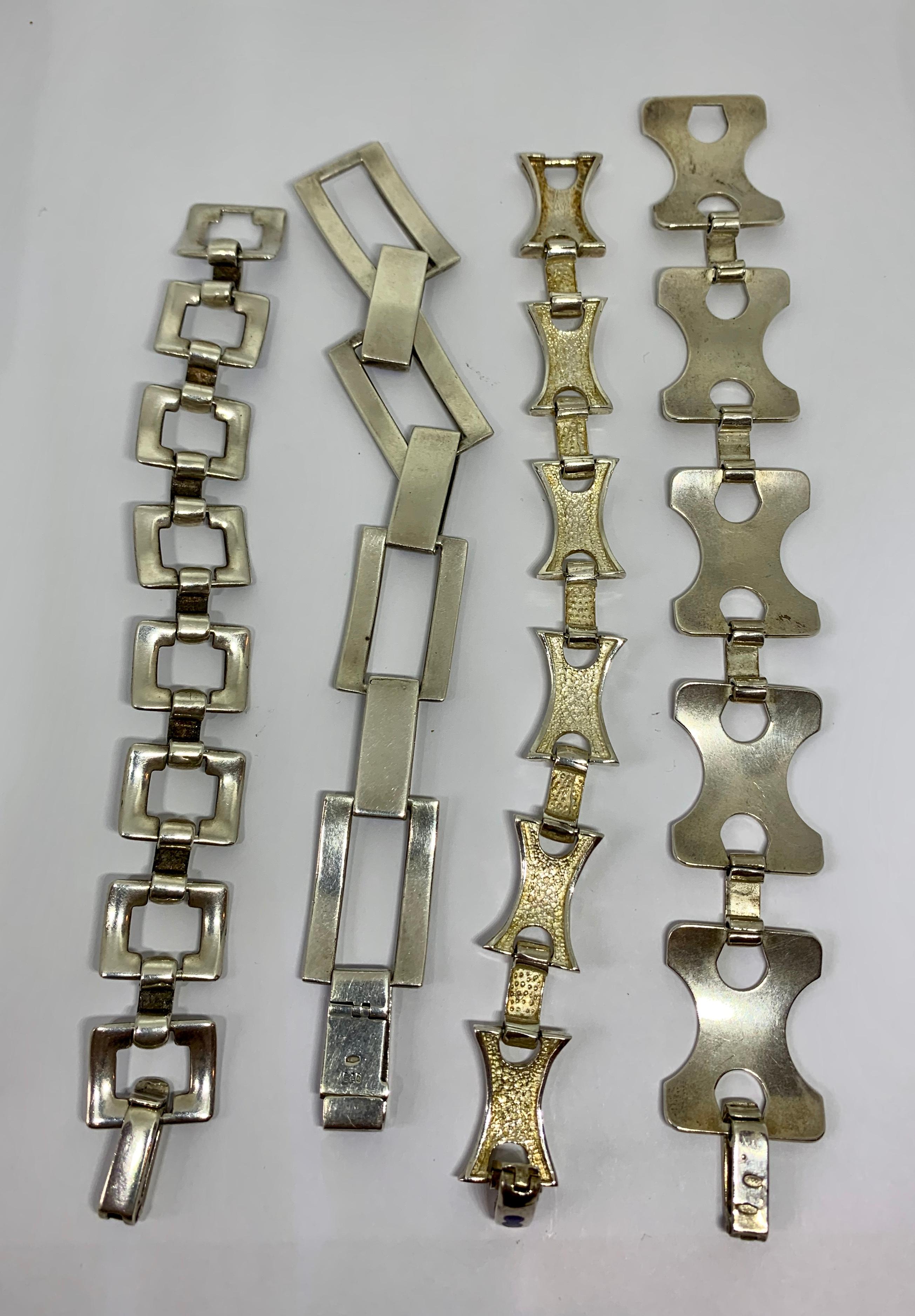 Women's or Men's Four Mid-Century Modern Bracelets Enamel Sterling Silver Italy 1970s Geometric For Sale