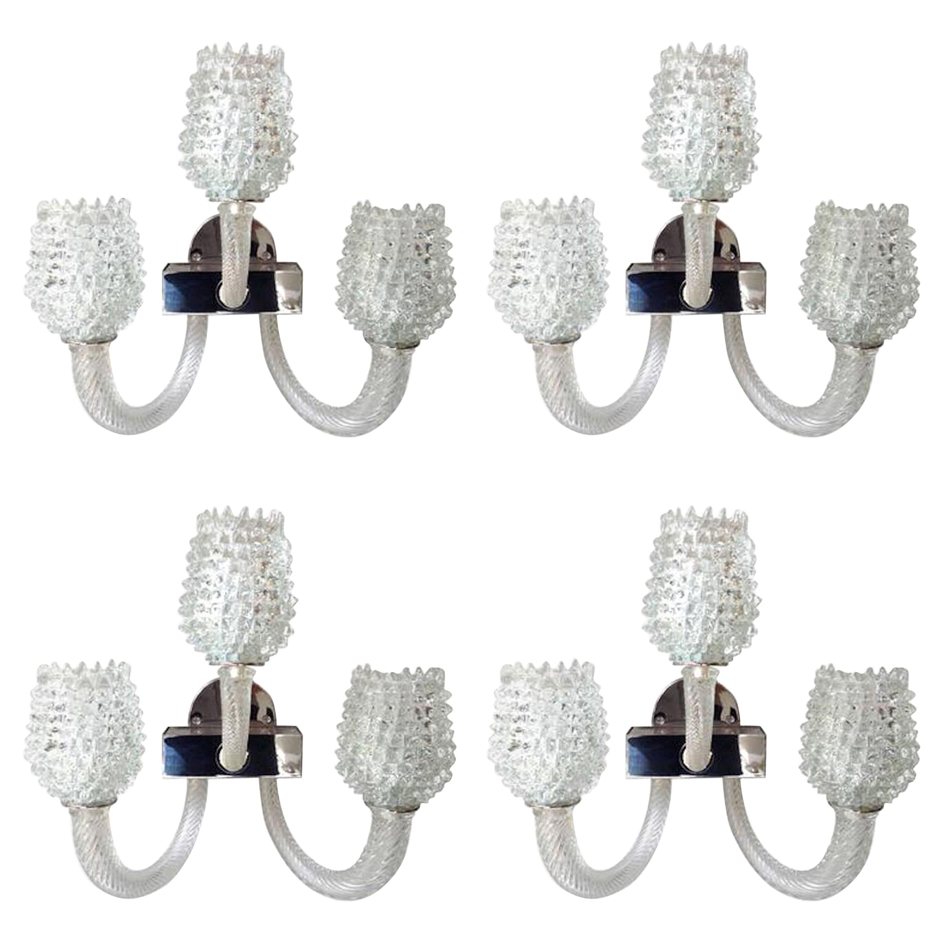 Four Mid-Century Modern Clear Textured Murano Glass Sconces by Barovier, 1970