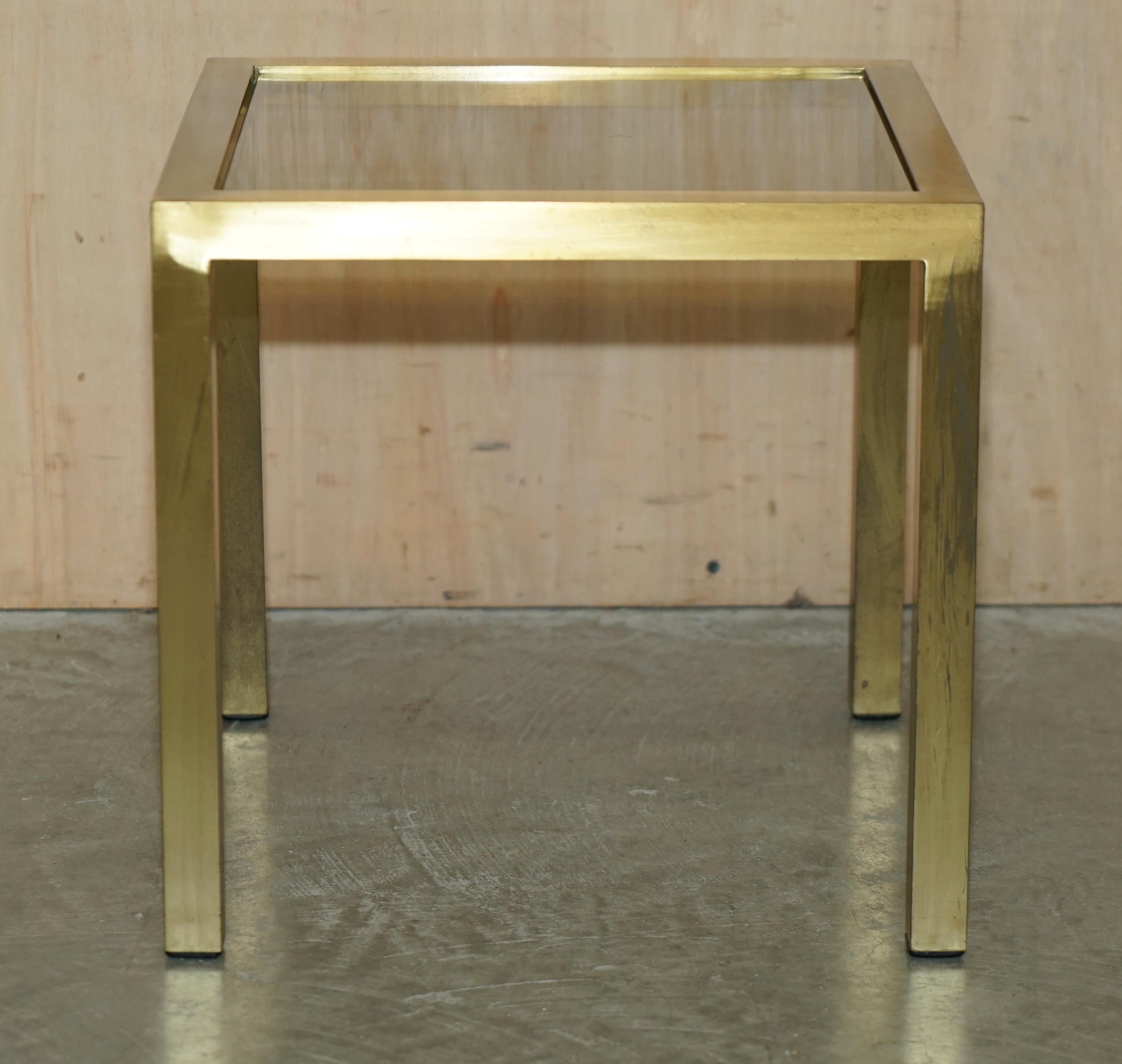 FOUR MID CENTURY MODERN MAISON JANSEN PARIS STYLE BRASS SMOKED GLASS SiDE TABLES For Sale 6