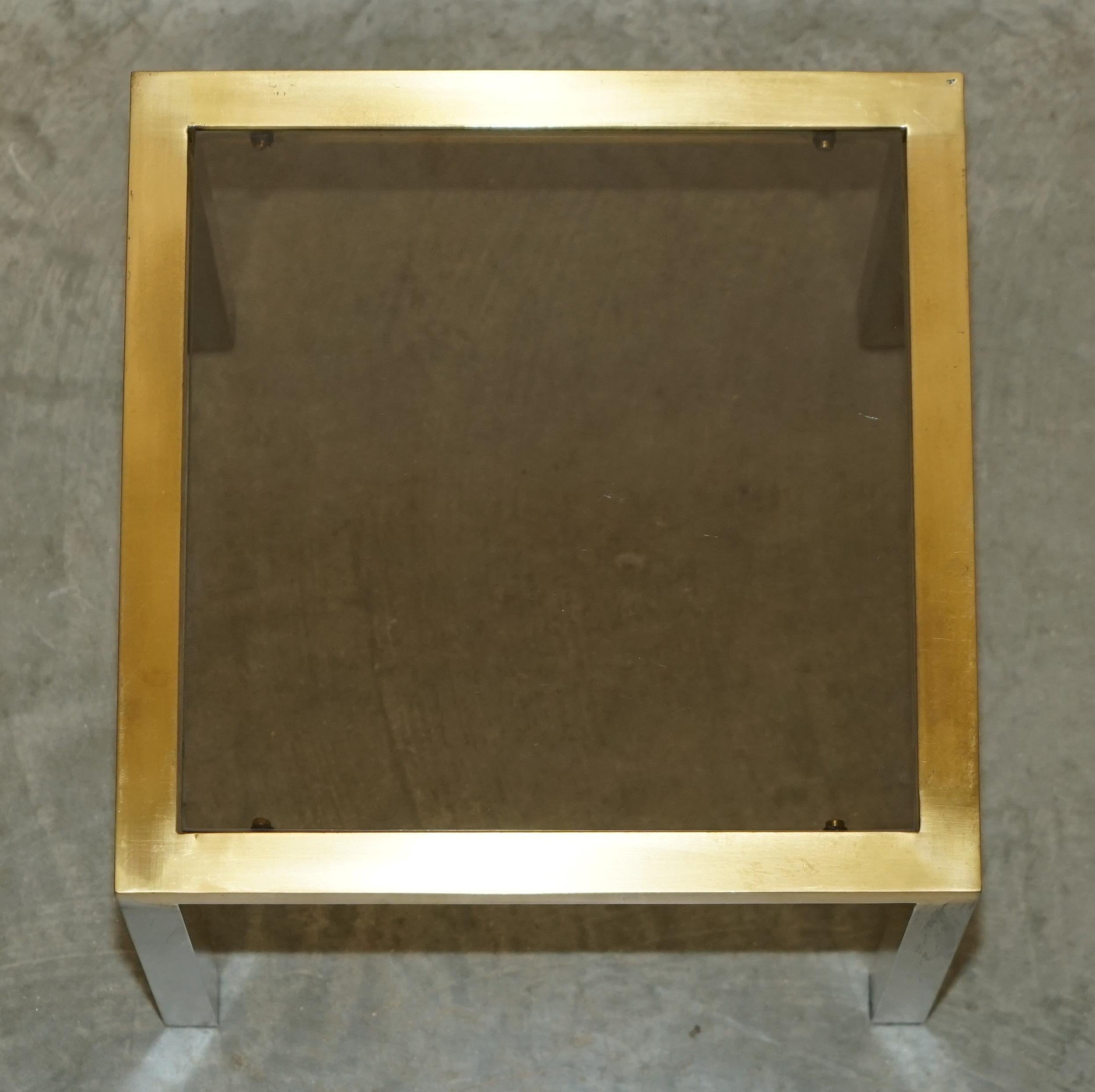 FOUR MID CENTURY MODERN MAISON JANSEN PARIS STYLE BRASS SMOKED GLASS SiDE TABLES For Sale 7